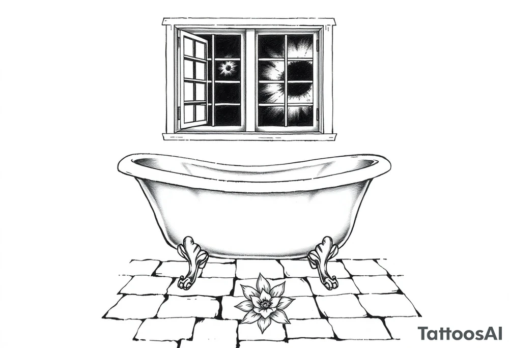 clawfoot bathtub with window above it. add a tile floor with a flower growing through the cracks tattoo idea