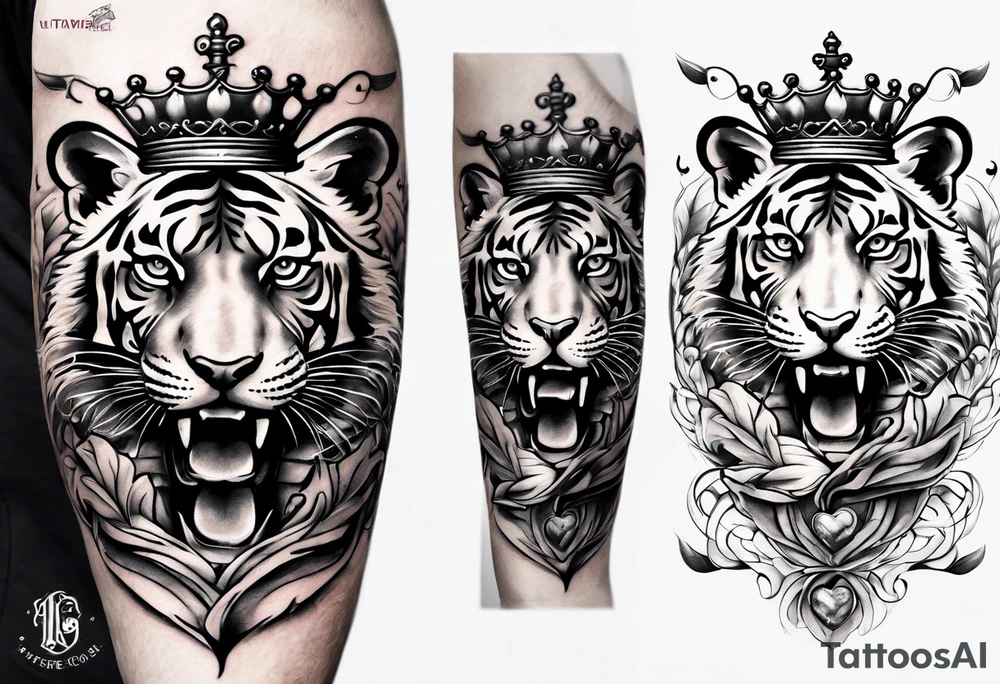 King tiger Hour glass with Brain and heart inside arm sleeve tattoo idea