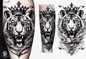 King tiger Hour glass with Brain and heart inside arm sleeve tattoo idea