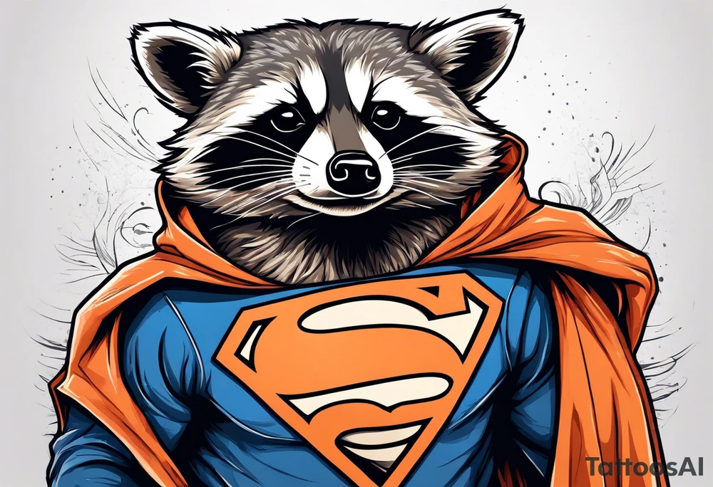 Raccoon wearing an orange Superman hoodie tattoo idea