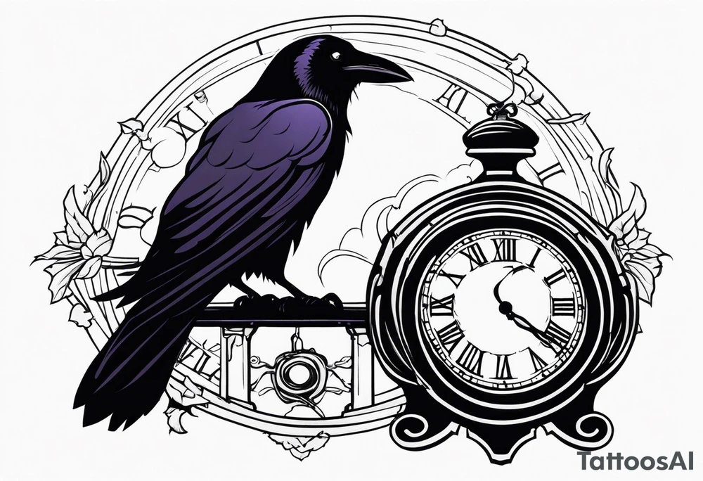 raven perched on clock tattoo idea