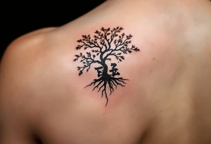 家 (jiā, “family”) in earthy brown is placed near a tree symbol for roots and legacy. tattoo idea