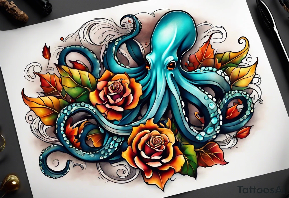 masculine abstract left thigh tattoo with a large long flowing octopus in water swirls wrapping around rocks, a rose, in fall colors with some small leaves and fall elements tattoo idea
