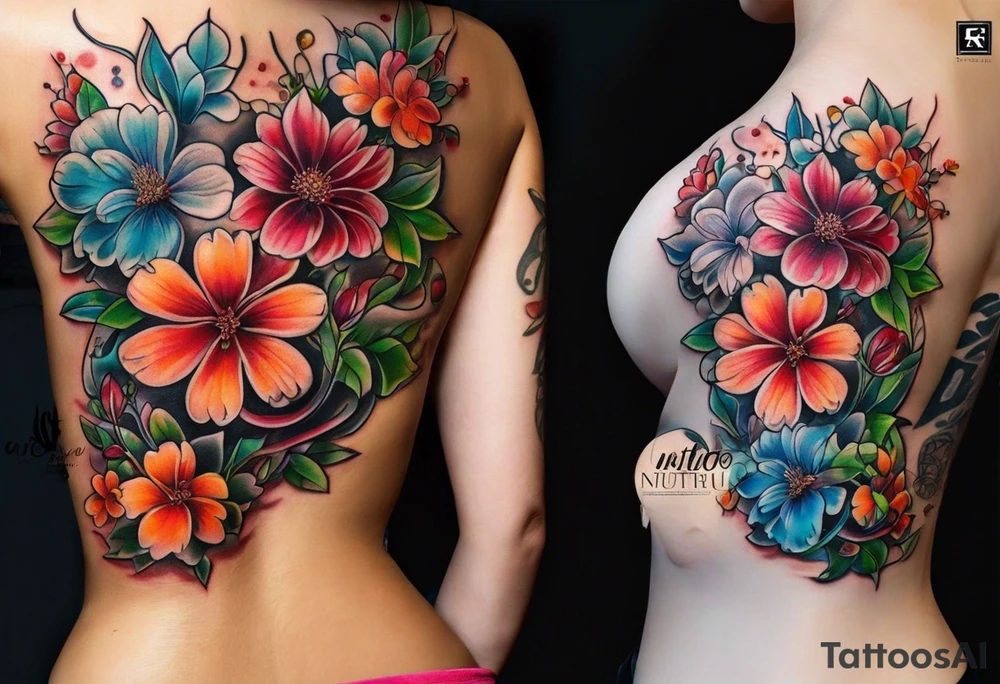 Microbiology, chemistry, biology, science tattoo for a woman’s back and side with flowers. tattoo idea