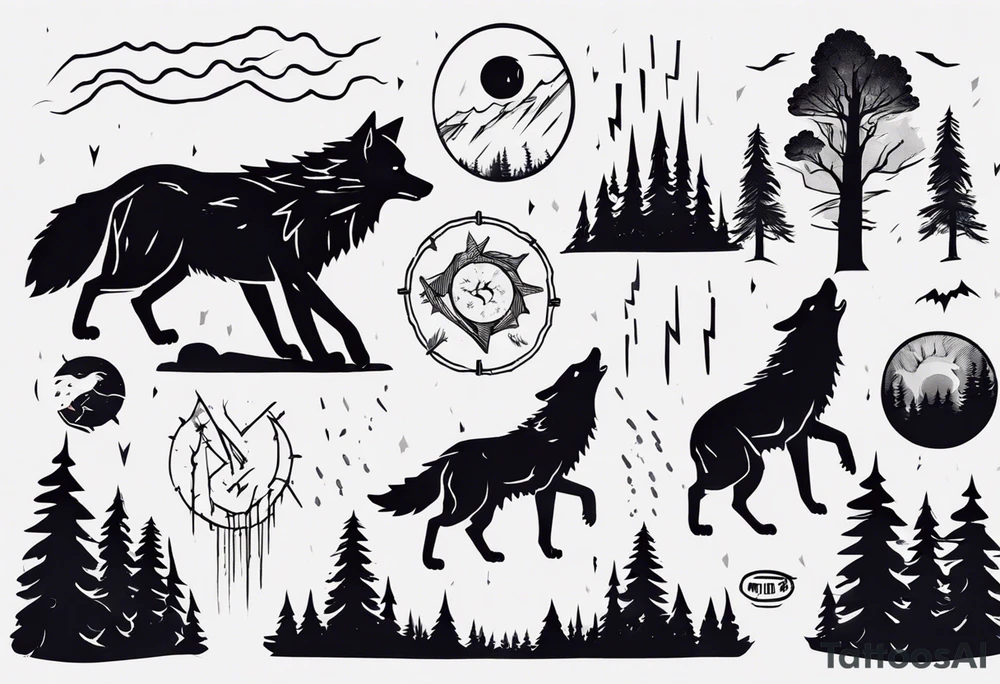 a thunder and lightning storm over a forest with a distant wolf howling and a drums tattoo idea a thunder and lightning storm over a forest with a distant wolf howling and a drums tattoo idea