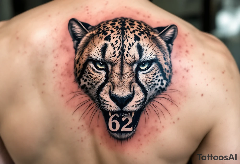 angry cheetah with the number 62 in its mouth tattoo idea