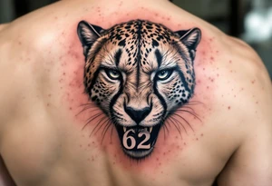 angry cheetah with the number 62 in its mouth tattoo idea