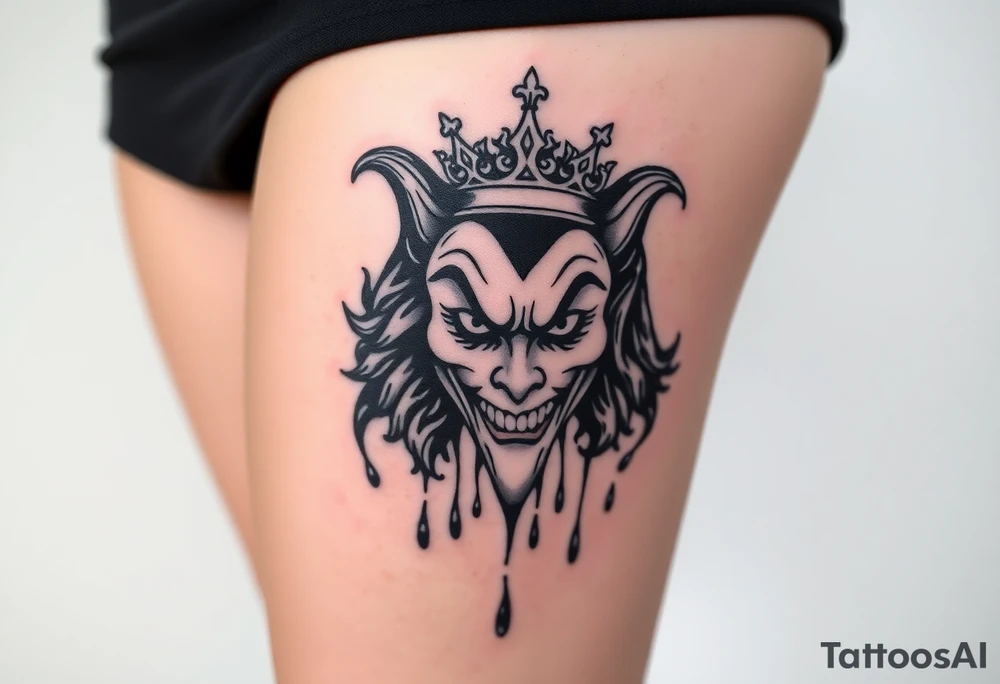 Speak no evil new age joker with crown, dripping tattoo idea