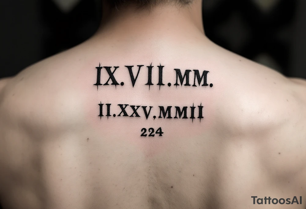 IX.VII.MM. and II.XXV.MMII with a space between them, along with the number 224 simple tattoo idea