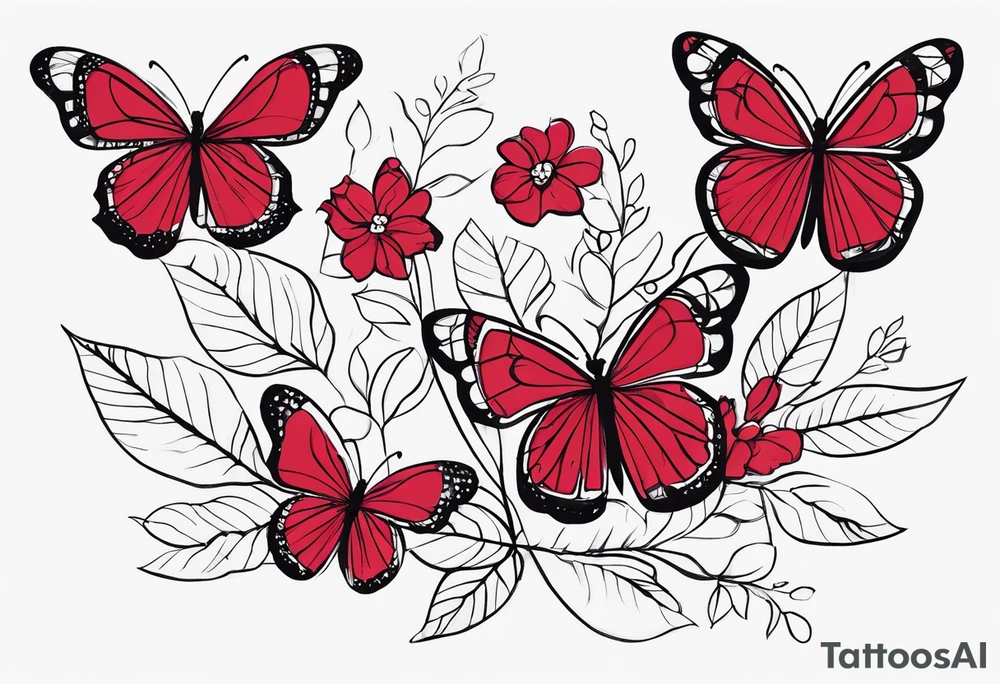 Flowers with "Ruby" in calligraphy font and butterflies around it tattoo idea