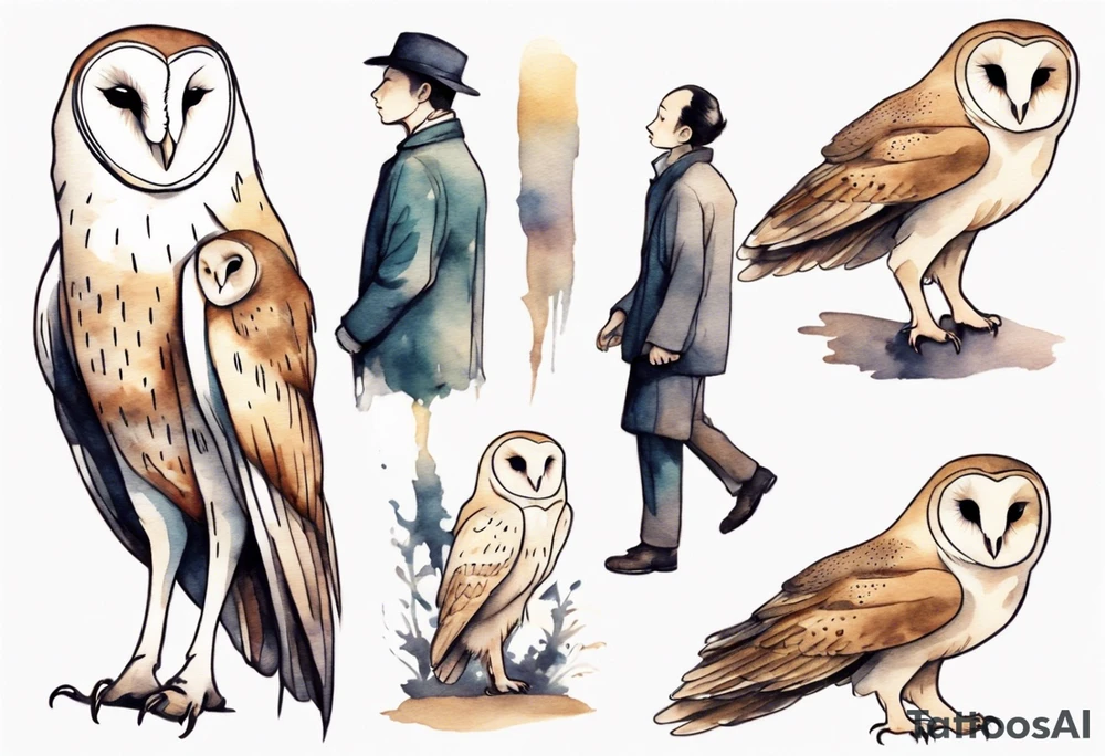 a thin man with the head of a barn owl walking at night tattoo idea