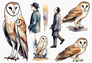 a thin man with the head of a barn owl walking at night tattoo idea