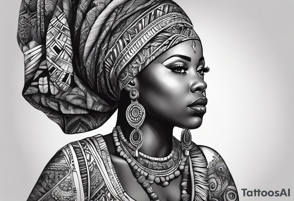 Deus èsú africano realista em preto e cinza com os olhos brancos e fundo com tons de vermelho tattoo idea