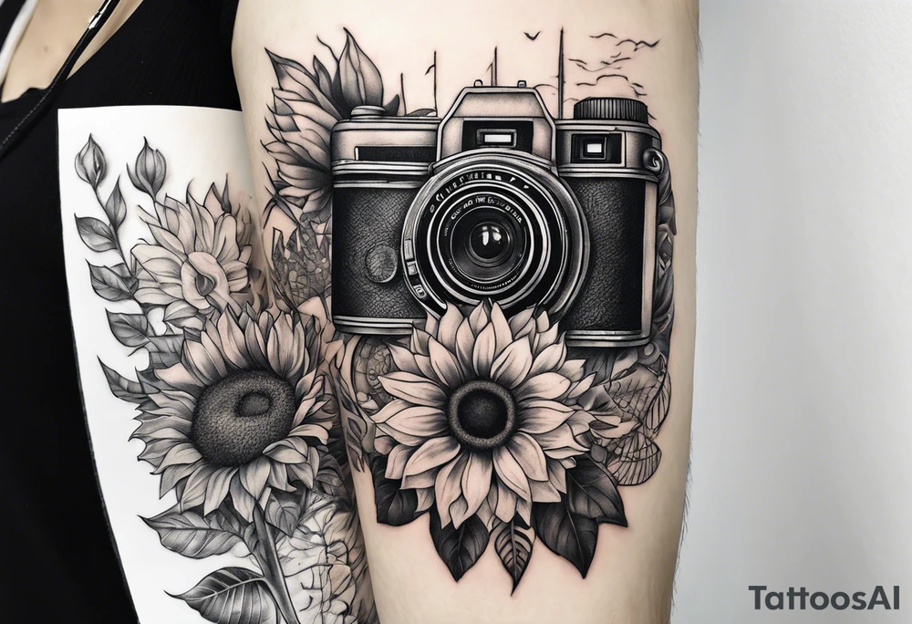 sunflower, camera, fish, owl tattoo idea