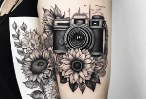 sunflower, camera, fish, owl tattoo idea