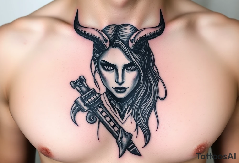 Feminine Tattoo dark female warrior with realistic horns just barley touching collarbone with a lot of shading tattoo idea