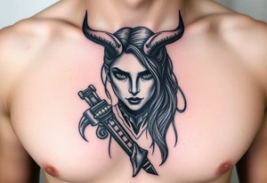 Feminine Tattoo dark female warrior with realistic horns just barley touching collarbone with a lot of shading tattoo idea