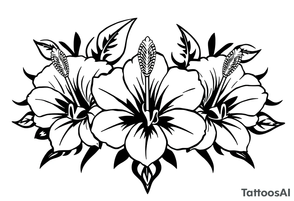 3 Tribal designed Hibiscus flowers with the work “waloy” over them and the letters “svs” within the tribal flowers with each letters on each flowers tattoo idea