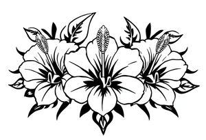 3 Tribal designed Hibiscus flowers with the work “waloy” over them and the letters “svs” within the tribal flowers with each letters on each flowers tattoo idea