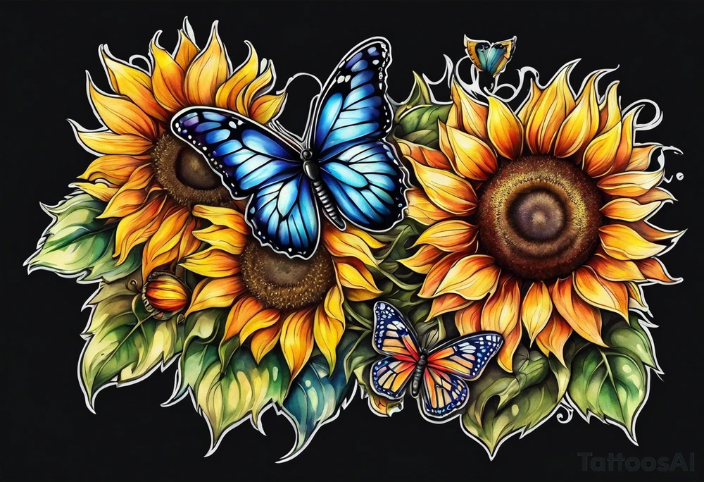 Multi color sunflowers with a butterfly and cross arm sleeve tattoo idea