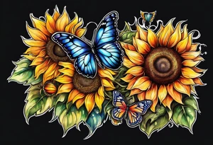 Multi color sunflowers with a butterfly and cross arm sleeve tattoo idea