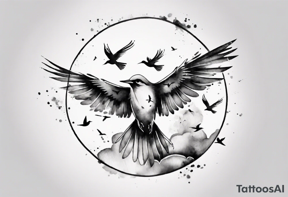 shoulder tattoo with light rays with birds flying free among the clouds, round shape, 3d effect tattoo idea