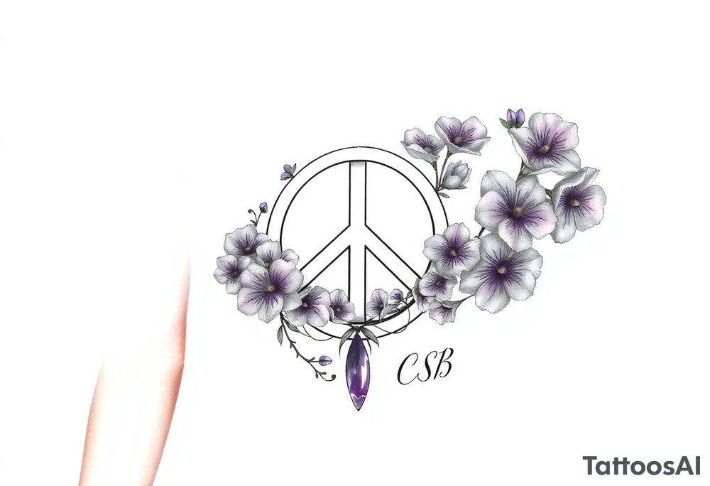 peace symbol intertwined with violets Pisces symbol, dog prints, amethyst, initials csb in cursive font tattoo idea