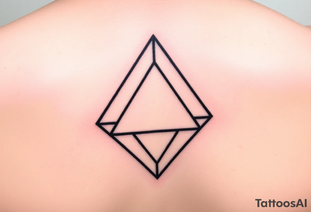 A fine line tattoo design on skin. An impossible Penrose triangle constructed from a faceted diamond cut structure. The facets of the diamond structure contain holographic, iridescent psychedelic gradients of purple, turquoise, and neon pink colors. Minimalist style, precise geometric lines, sacred geometry vibes, micro realism tattoo.
It should be gentle and small on the hand tattoo idea