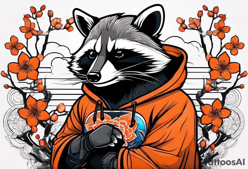 Raccoon wearing a white Superman logo on a black hoodie and orange Japanese cherry blossoms beside tattoo idea