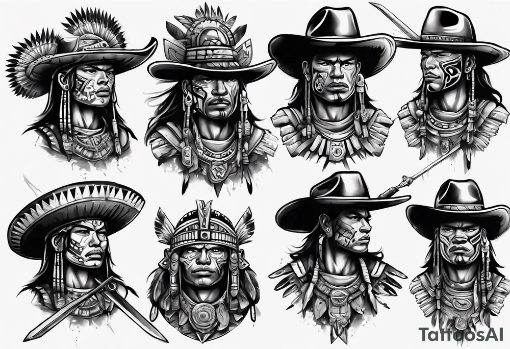 Aztec warrior with cowboy hat holding a sword tattoo idea Aztec warrior with cowboy hat holding a sword tattoo idea