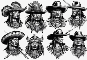 Aztec warrior with cowboy hat holding a sword tattoo idea