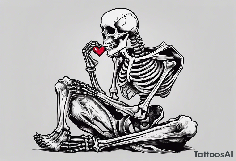 a full body skeleton sitting holding his heart in his hand tattoo idea