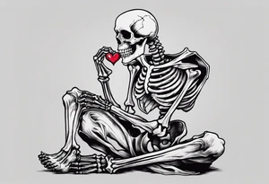 a full body skeleton sitting holding his heart in his hand tattoo idea