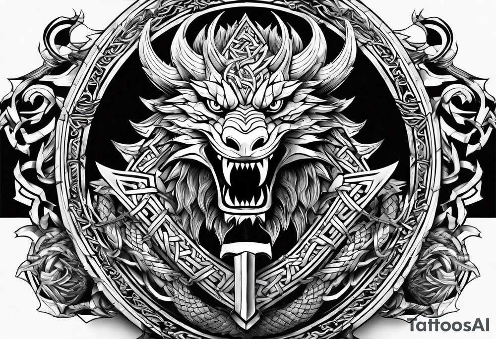 Valhalla sword shield dragon axe Valknut barbed wire chains tribal tattoo idea Valhalla sword shield dragon axe Valknut barbed wire chains tribal tattoo idea