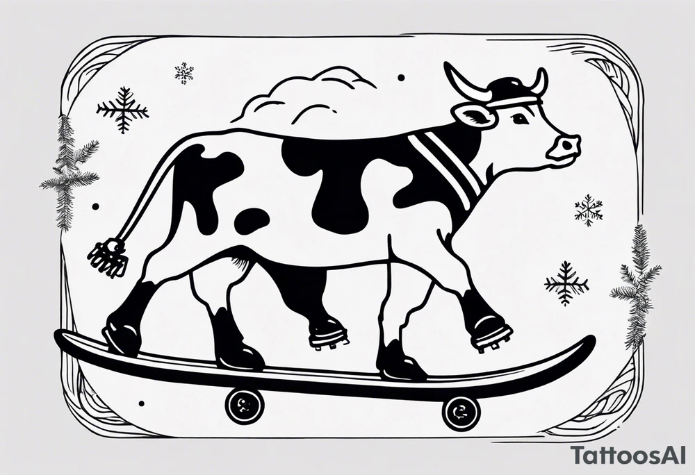 Generate a minimalist and simple black and white tattoo design featuring a joyful cow snowboarding, wearing goggles. Focus on essential lines and details to convey the playful spirit of the scene. The cow should exude confidence while effortlessly snowboarding down a snowy slope. Keep the design clean and uncluttered, suitable for a small to medium-sized tattoo space. Emphasize the charm and whimsy with the addition of goggles, ensuring the overall aesthetic remains simple and minimalistic. The goal is to create a visually appealing and easily recognizable tattoo that captures the essence of a cow enjoying a snowboarding adventure tattoo idea
