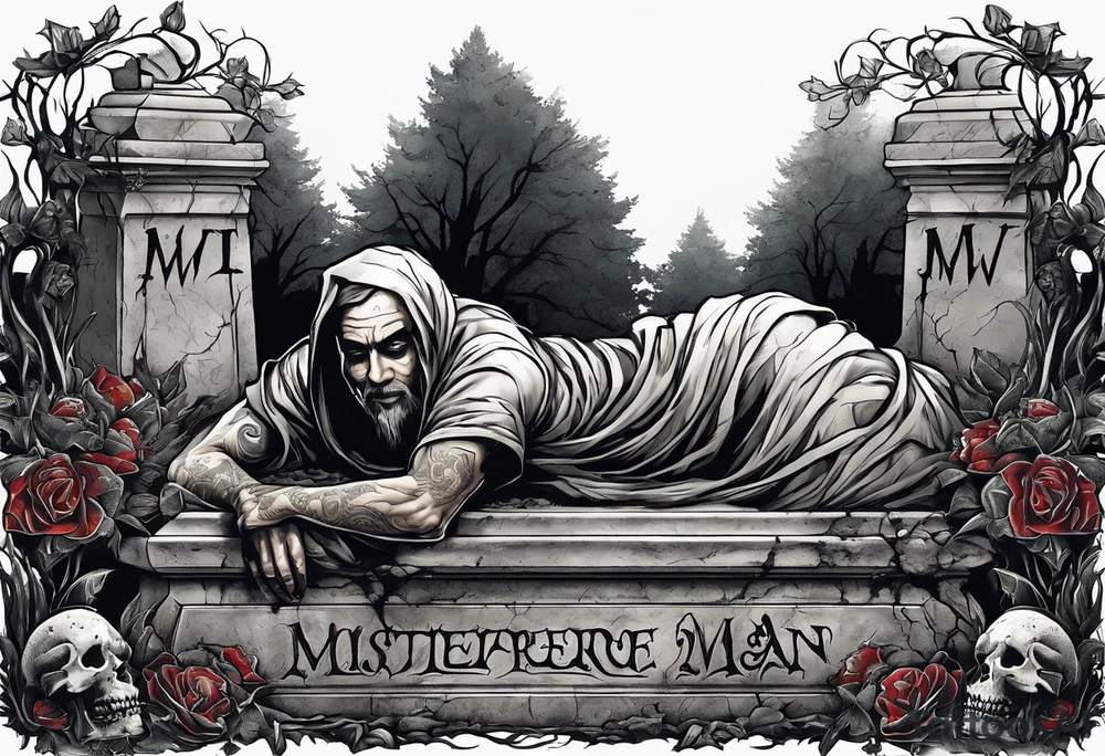 Man crawling out of grave. 
MIW Reincarnate written on gravestone tattoo idea