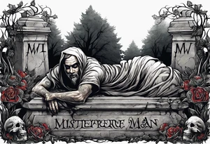 Man crawling out of grave. 
MIW Reincarnate written on gravestone tattoo idea