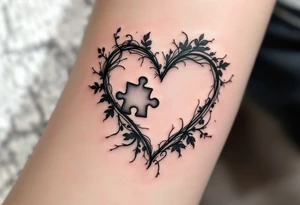 A heart with a puzzle piece missing, left in hollow grayscale tones, symbolizing the emptiness of heartbreak. tattoo idea