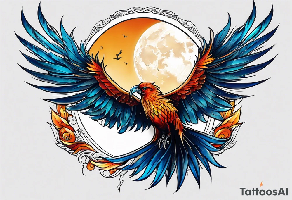 phoenix sur une lune bleu tattoo idea