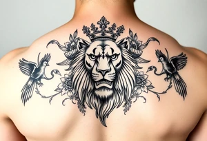 powerful majestic lion with a crown, surrounded by floral ornaments and birds tattoo idea
