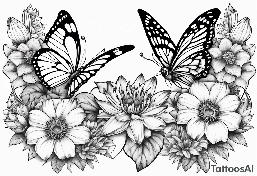 Butterflies with lilys, asters and morning glories tattoo idea