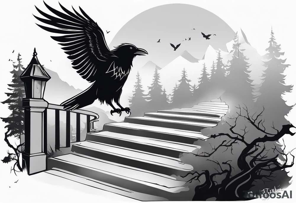 Valhalla  fog stairs mist raven tattoo idea