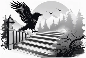 Valhalla  fog stairs mist raven tattoo idea