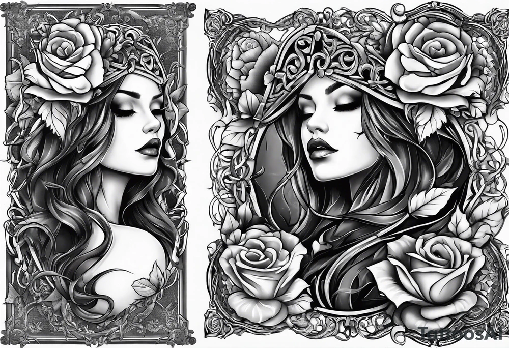 tattoo fool sleeve, old broken gothic home, broken sword, tree roots break out of the chains, roses tattoo idea