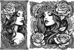 tattoo fool sleeve, old broken gothic home, broken sword, tree roots break out of the chains, roses tattoo idea