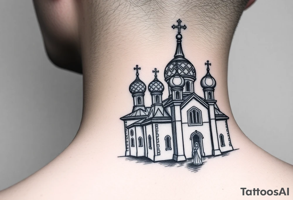 medium sized Russian orthodox church with bulb domes with a prominent russian orthodox style virgin mary stood outside to the left tattoo idea