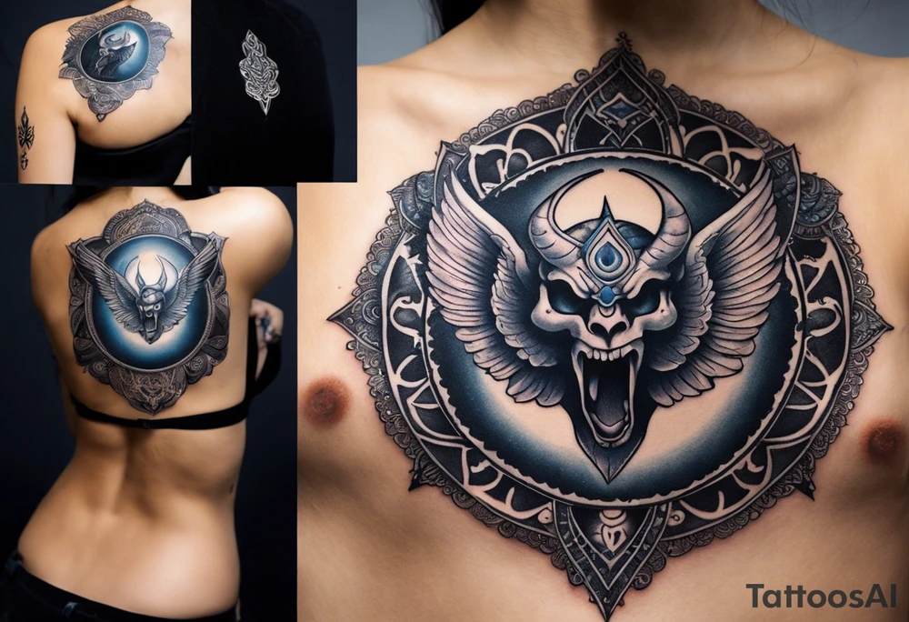 black kali, goddess pirate, alien, angel, pachamama, valkrye, warrior, flying, skull, lotus azul, wing, eagle, zenza resonance, stars, 5D, anahata chakra, death, durga, riding on a tiger, flying lady, kundalini, chest tatoo tattoo idea