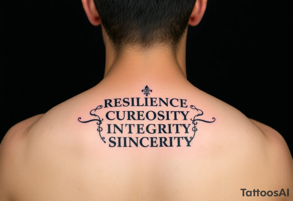 RESILIENCE CURIOSITY INTEGRITY
PASSION SINCERITY CONFIDENCE
RELIABILITY COMPASSION SINCERITY
HONESTY PERSEVERANCE DETERMINATION tattoo idea