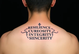 RESILIENCE CURIOSITY INTEGRITY
PASSION SINCERITY CONFIDENCE
RELIABILITY COMPASSION SINCERITY
HONESTY PERSEVERANCE DETERMINATION tattoo idea