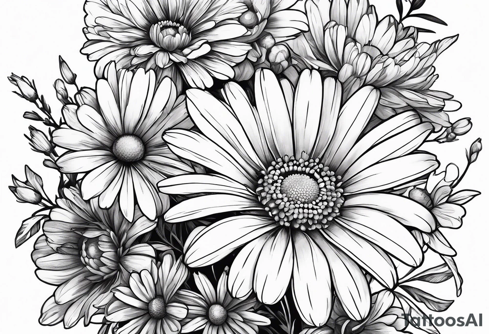 bouquet of daisy, aster, and carnations with stems tattoo idea